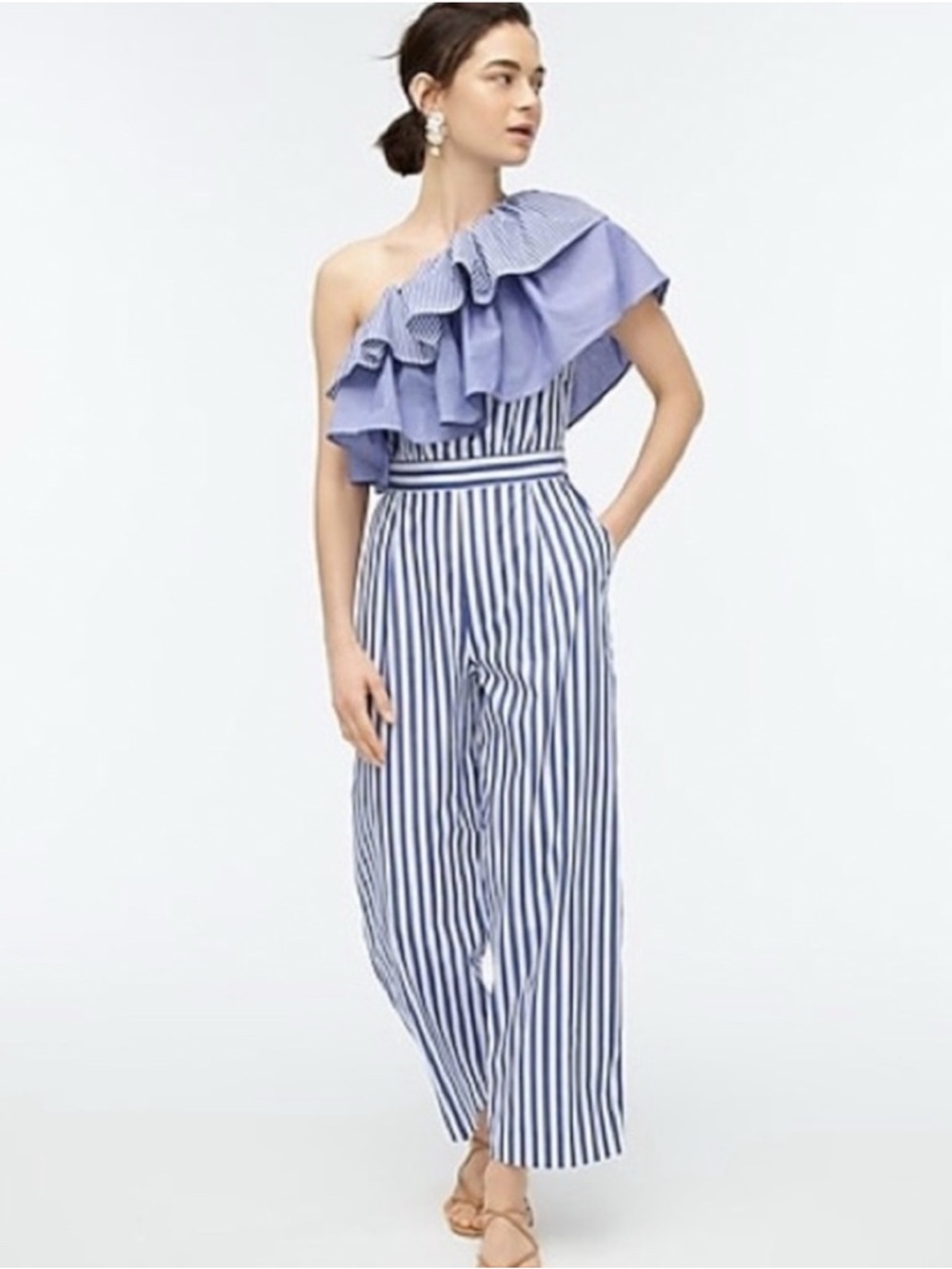 J.Crew One-Shoulder Ruffle Jumpsuit Blue White Stripe NWT Size 4